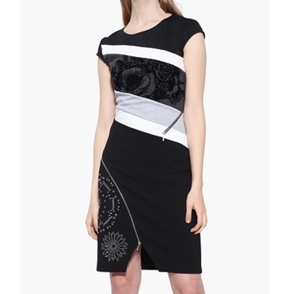 Desigual Candice Colorblock Cap Sleeve Zipper Black & White Velvet Mini Dress- S